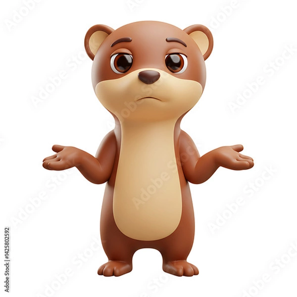 Fototapeta Adorable Brown 3D Cartoon Otter with Confused Expression on Transparent Background