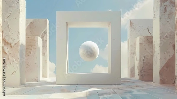 Fototapeta A off white vitrine column with rectangular bell with a central and perfect ball of levitation grass inside with a hollowed-out cube in the center against a sky background,  Generative AI illustration