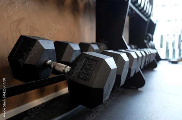 Fototapeta Selective focus on a rack of weights in a gym