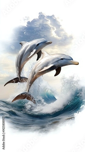 Fototapeta Two dolphins jumping in ocean waves.