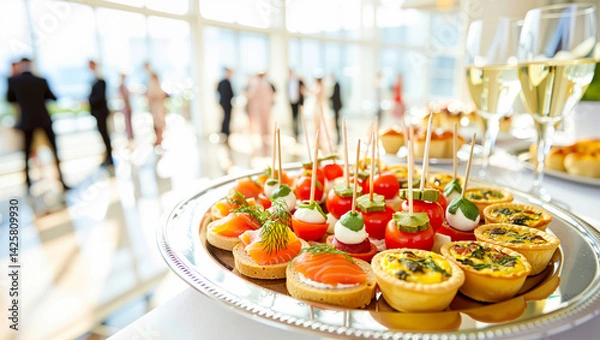 Fototapeta Corporate Event Catering: Gourmet appetizer platter with canapés, quiches at professional networking mixer. Upscale business hospitality concept.