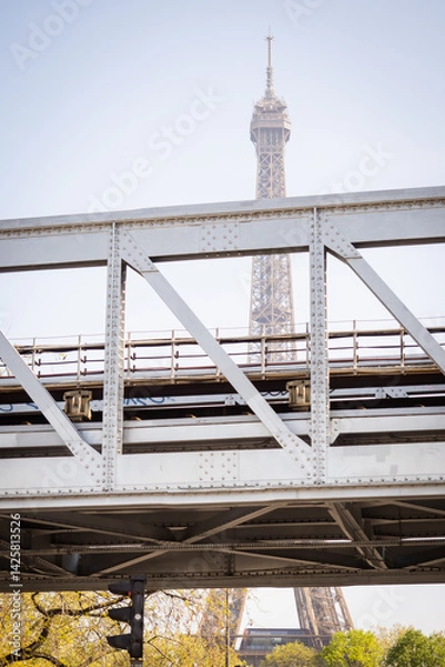Fototapeta Dreamy spring Eiffel Tower from the metro bridge Bir Hakeim - Paris