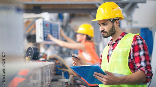 Fototapeta Workers in pvc factory at work