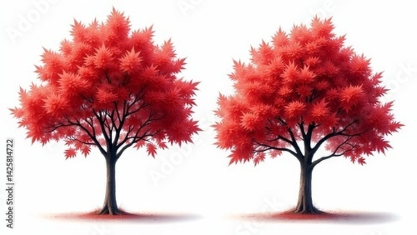 Fototapeta Two Red Maple Trees, White Background