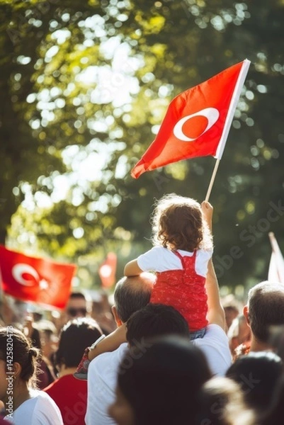 Obraz Smiling little girl in red and white during National Sovereignty and Children’s Day celebration in Turkey. Joyful preschool child with balloons and patriotic decor on April 23.