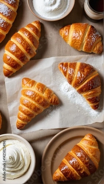 Fototapeta Golden Crescents: A Delicious Display of Buttery Croissants with Whipped Cream and Powdered Sugar, a Perfect Pastry Treat.