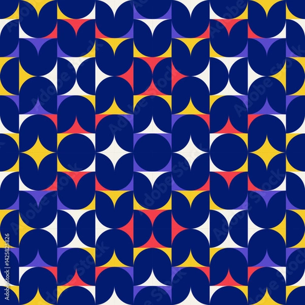 Fototapeta Abstract geometric navy blue bg background, brutalism style elements in random order and colors, seamless vector geo pattern, simple flat style shapes