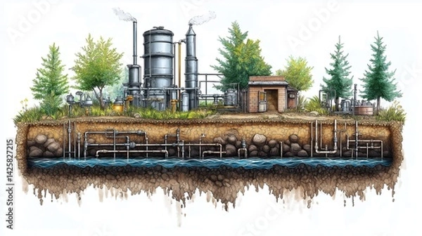 Fototapeta Cross section of soil layers with underground irrigation system and water pipes,generative ai illustration