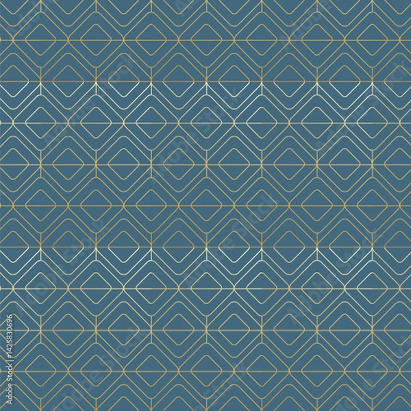 Fototapeta Seamless Diamond Shaped Geometric Pattern with Gold Lines on Blue Background – Elegant and Modern Design. Square shape pattern. Geometric Gold Line Pattern – Modern Luxury Abstract Design