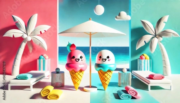 Obraz Two cute ice cream characters enjoy a colorful beach scene with palm trees, umbrellas, towels, and ocean views in a playful, pastel, and summery cartoon world.