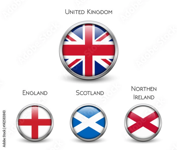 Fototapeta United Kingdom flag -England, Scotland, Ireland. Union Jack. Buttons with metal frame and shadow