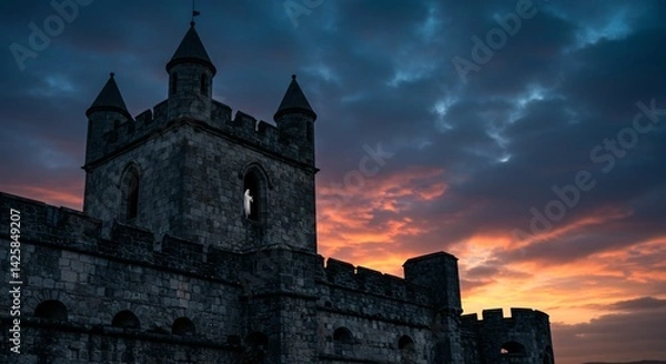 Fototapeta Ghost standing in window of castle at spooky sunset. Halloween holiday ghost story concept. Mystery and fear.