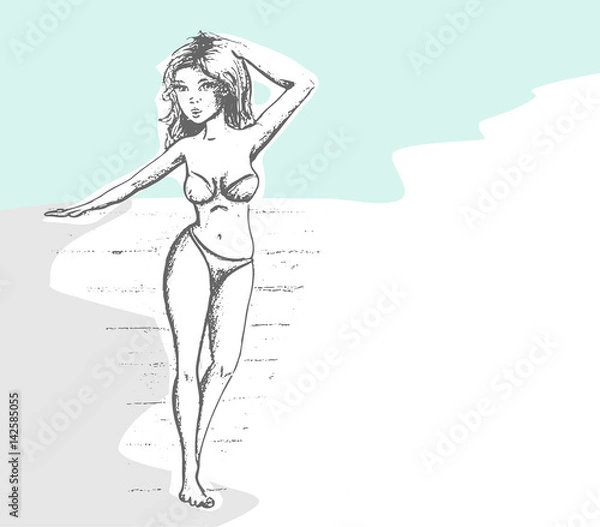 Obraz vrouw loopt langs het water in bikini