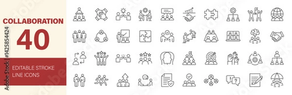 Fototapeta Collaboration icon set. Business related line icons: teamwork, meeting, partnership, work group, business people, conference, presentation and more. Editable stroke. Vector illustration.