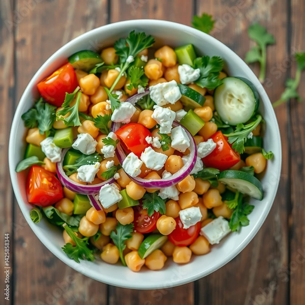 Fototapeta Chickpea Salad with Feta, Cucumbers, Tomatoes and Herbs