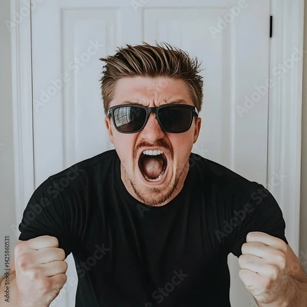 Fototapeta Angry man shouting indoors, fists clenched, white door background.  Use website, blog, social media