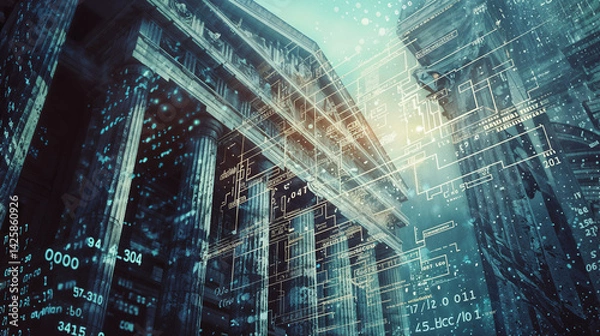 Fototapeta Classical architectural structure with digital stock market data overlay in blue tones. Neoclassical columns and building facade merging with financial graphs and trading analytics