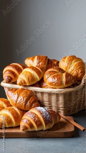 Fototapeta Golden Pastries: A Basket Filled with Warm, Buttery Croissants Ready to be Enjoyed, Featuring a Cinnamon Stick and Lightly Dusted Sugar.