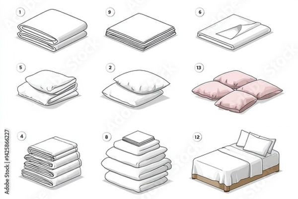 Fototapeta A minimalist guide illustrating the process of making a bed from fitted sheet to pillows placed neatly