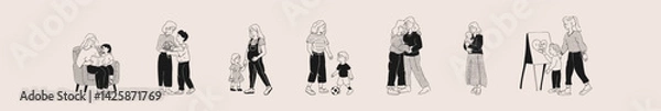 Obraz Mother's Day holiday. Mothers with their children set. Black and white minimalist style.
Trendy vector illustration.