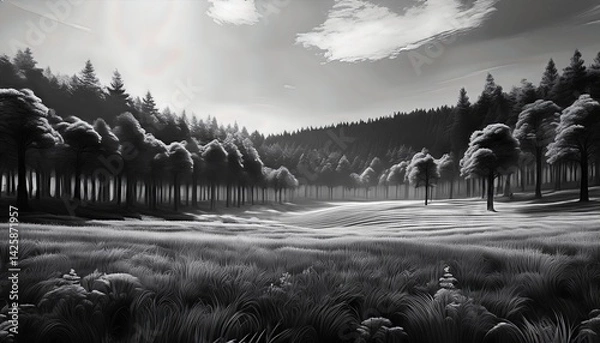 Fototapeta Black White Arty Forest Scene Dramatic Monochrome Mood in Open Field, Showcasing Textured Trees and Grasses under a Gloomy Sky, Expressing Melancholy and Serenity.