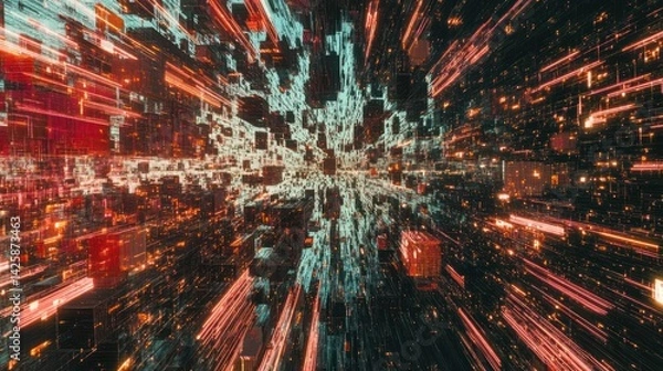Fototapeta Futuristic Digital Landscape Of Connected Geometric Structures And Lines