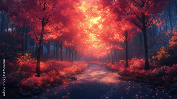 Obraz Crimson Canopy: A tranquil path is bathed in the vibrant glow of a crimson canopy. The pathway beckons, the autumnal trees adorned in fiery red.