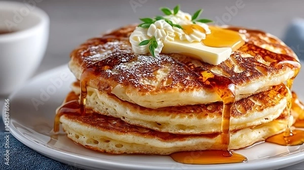 Fototapeta Stack of Fluffy American Pancakes Drizzled with Maple Syrup