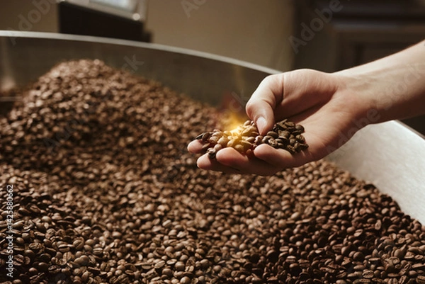 Fototapeta Person holding rich roasted coffee beans in hand