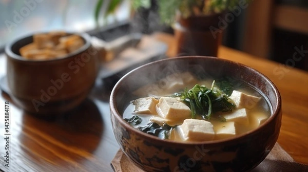 Fototapeta A cozy morning setting with a steaming bowl of miso soup and fresh tofu.
