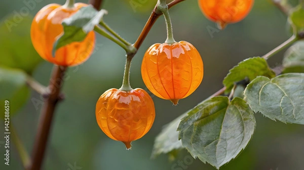 Fototapeta Close-up of vibrant orange, translucent physalis fruits hanging on branches.