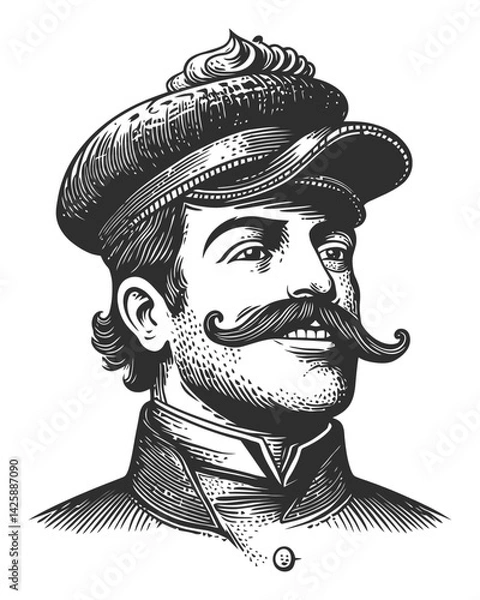Obraz Vintage Hand-Drawn Illustration of a Mustachioed Man with Cap