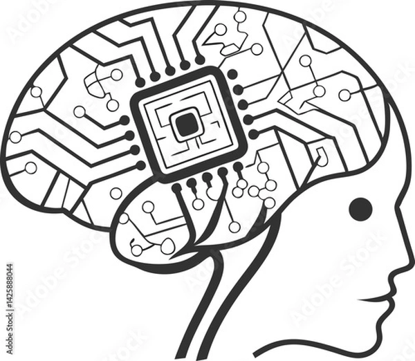 Obraz Brain icon, Al chip, neural network, digital mind, black and white illustration, simple design, technology concept, artificial intelligence symbol vector illustration 