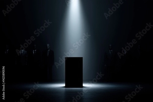 Obraz A podium with a single shining spotlight on one business suit while others are in shadows behind
