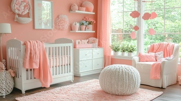 Fototapeta A cozy nursery with soft pink decor, a crib, and comfortable furniture, creating a welcoming and warm atmosphere.