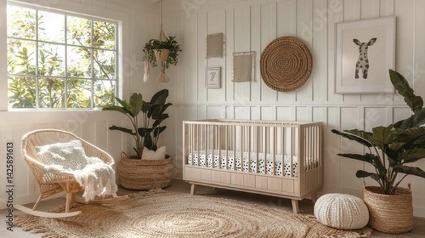 Fototapeta A cozy nursery featuring a crib, plants, and natural light through a window, creating a warm atmosphere.