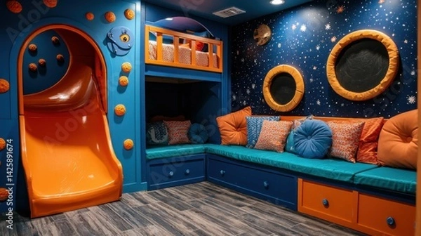 Fototapeta A vibrant children's playroom featuring a slide, cozy seating, and celestial-themed decor with a playful color scheme.