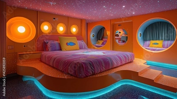 Fototapeta A vibrant bedroom with round windows and a starry ceiling, featuring bright orange walls and playful decor.