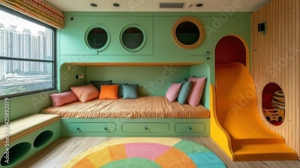 Fototapeta Bright and colorful children's room with a slide and circular windows, showcasing a cozy seating area and playful design elements.