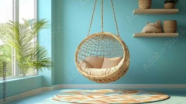 Fototapeta A modern room featuring a hanging wicker chair with cushions, surrounded by plants and a colorful rug on a blue floor.