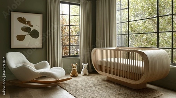 Fototapeta A modern nursery featuring a wooden crib and comfortable chair, adorned with natural light and soft textures.