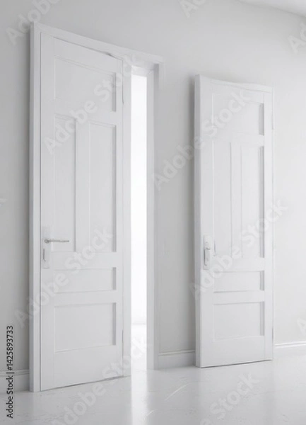 Fototapeta Series of pristine white doors, open and closed, in a bright white setting ,  architecture,  home design,  modern