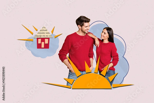 Fototapeta Poster graphics collage of people stand near small house sun clouds on grey background