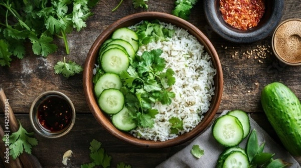Fototapeta A rustic wooden table set with a bowl of curried fried rice, surrounded by fresh herbs, sliced cucumbers, and a small dish of spicy sauce for dipping.