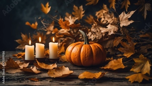Fototapeta Still life featuring pumpkin, dried leaves, burning candles, and dried oak branches against a dark background with space for text.