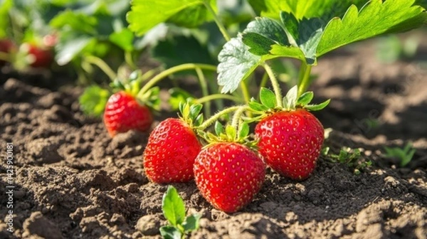 Fototapeta A scenic view of a strawberry farm with rows of plants growing on fertile soil, with bright red strawberries visible against the green backdrop of the farm