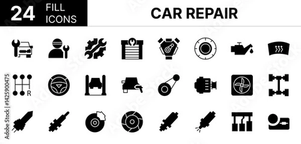 Obraz Collection of 24 Car Repair fill icons featuring editable strokes. These outline icons depict various modes of Car Repair, car repair service, automobile maintenance, icon, mechanic, vehicle,
