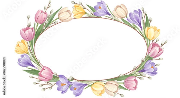 Fototapeta Floral wreath of tulips and crocuses in soft pastel colors  