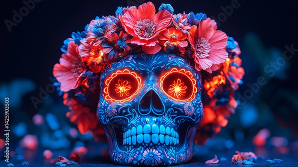 Obraz Fiesta Skull: A vibrantly decorated sugar skull, adorned with intricate patterns and bright floral arrangements, embodies the festive spirit of celebration with a touch of mysticism and beauty.