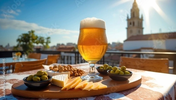 Obraz Summer scene of Spanish beer, cheese, tapas, and green olives on a rooftop terrace with views of the old city center
